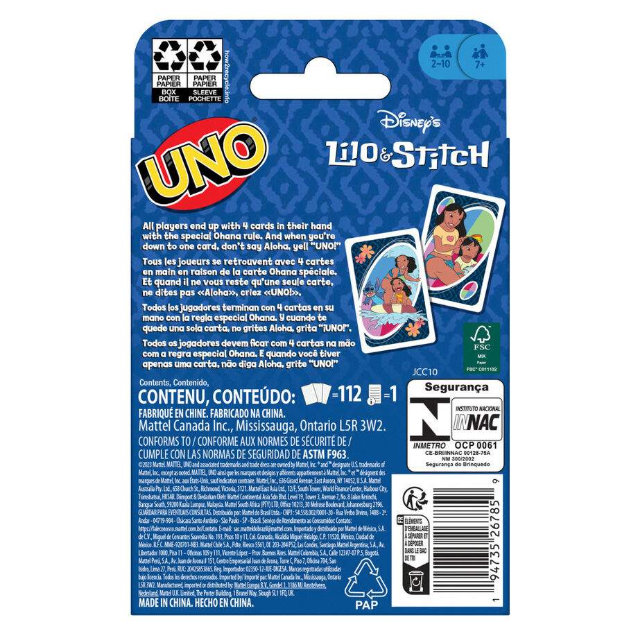 Présentation du contenu complet du jeu UNO Lilo & Stitch avec cartes et règles