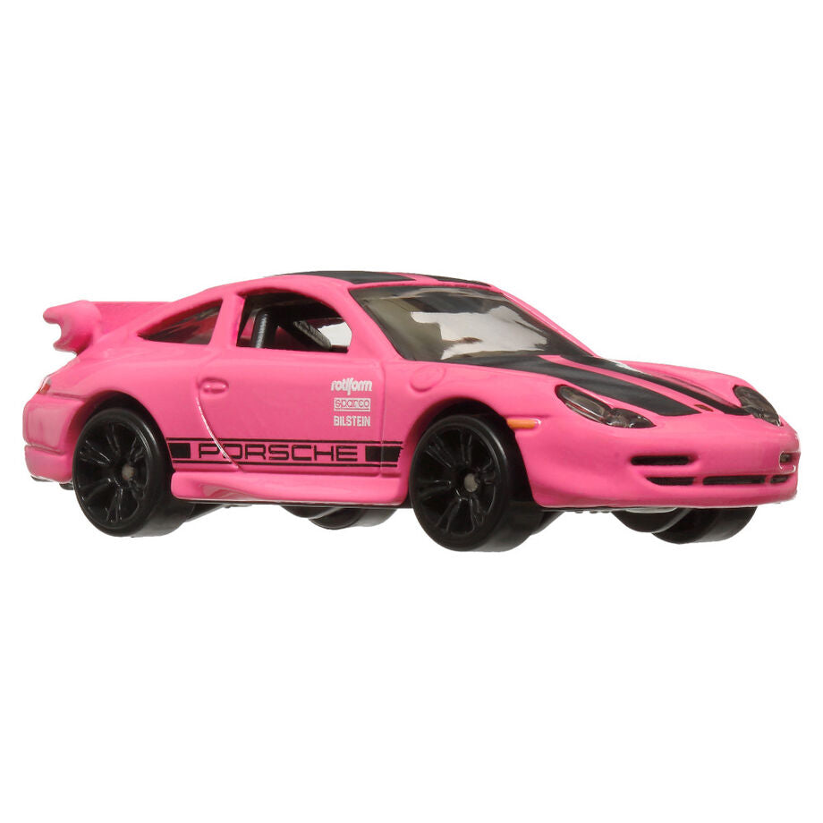 Collection de 6 voitures Hot Wheels néon colorées alignées sur fond neutre
