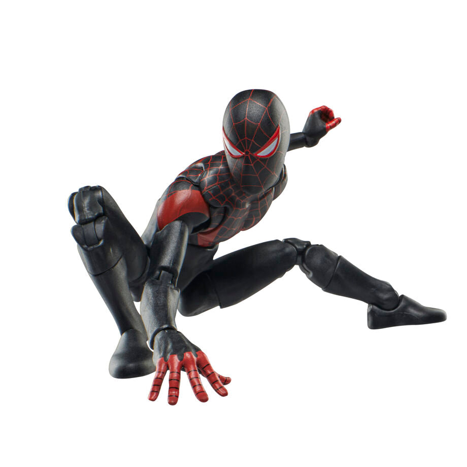 Profil gauche de la figurine articulée Spider-Man Miles Morales montrant les détails du costume