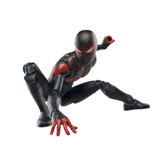 Profil gauche de la figurine articulée Spider-Man Miles Morales montrant les détails du costume