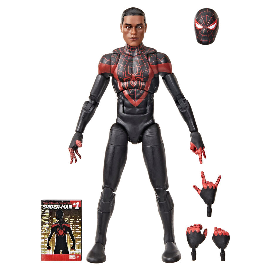 Figurine Spider-Man Miles Morales en position dynamique avec costume noir et rouge détaillé