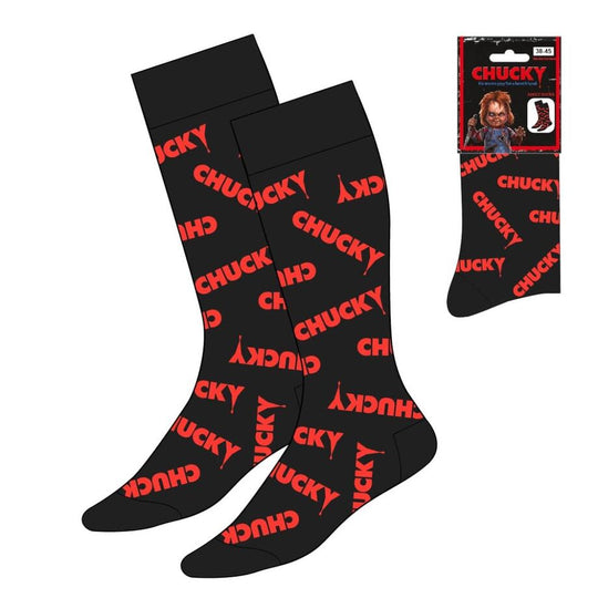 Chaussettes Chucky pour adulte, taille 38/45, avec le visage emblématique de Chucky, parfaites pour les fans de films d'horreur.