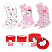 Pack de trois paires de chaussettes Hello Kitty pour adulte, présentant différents motifs et couleurs sur fond blanc.