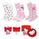 Pack de trois paires de chaussettes Hello Kitty pour adulte, présentant différents motifs et couleurs sur fond blanc.