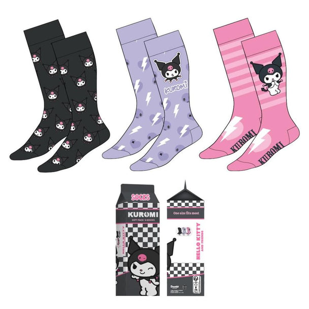 Pack de 3 chaussettes adultes Hello Kitty et Kuromi CERDÁ, taille 36-43, en coton avec motifs colorés.