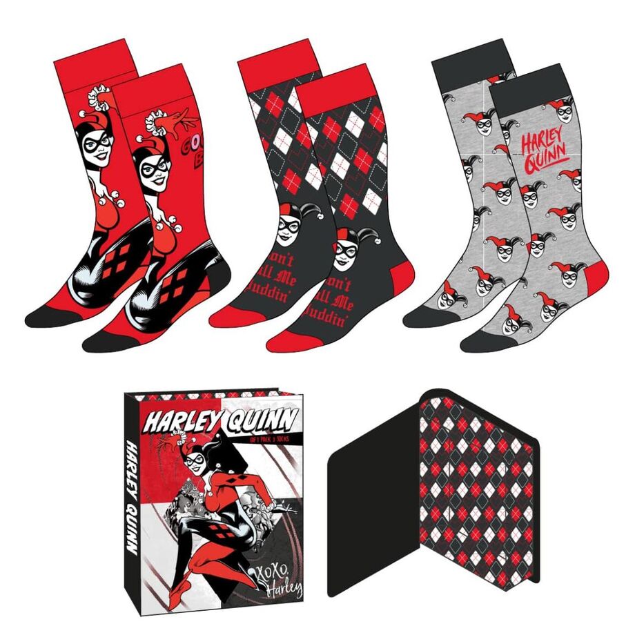 Pack de trois chaussettes adultes Harley Quinn DC Comics CERDÁ en taille 36/43, avec motifs colorés et design unique.