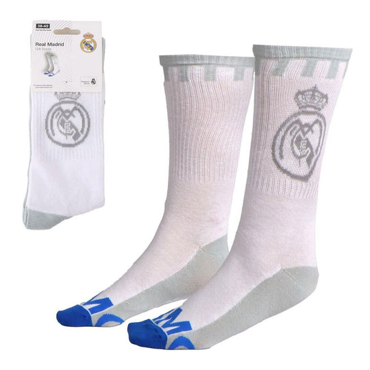 Chaussettes adultes Real Madrid CERDÁ blanches avec logo officiel, taille 38/45, composition coton et polyamide.