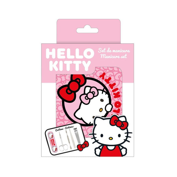 Vue intérieure du set manucure Hello Kitty avec outils adaptés pour enfant, présentation colorée