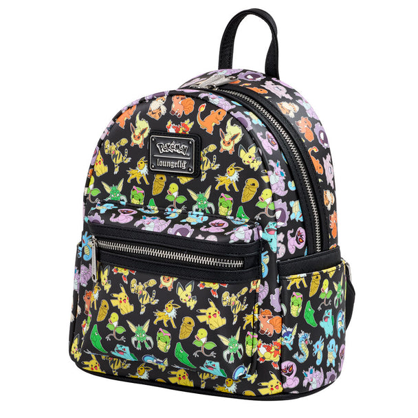 Vue de face du sac à dos Loungefly Pokémon 26 cm avec motifs colorés et logo de la marque