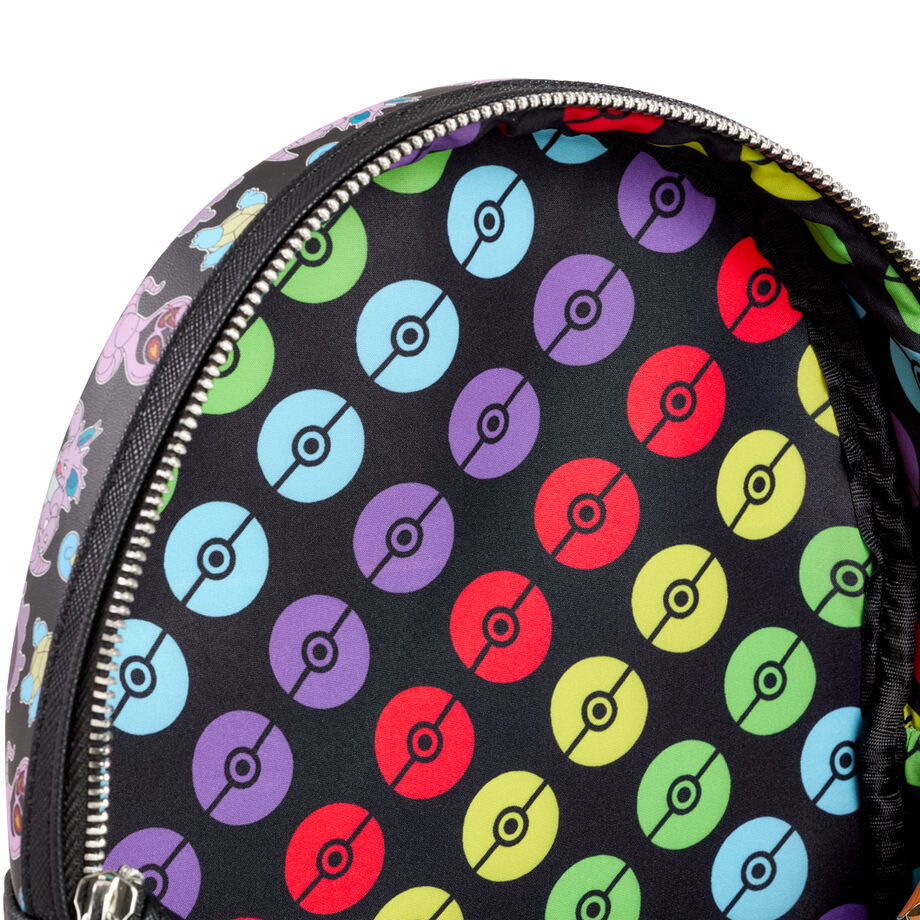 Photo du sac à dos Loungefly Pokémon posé sur un fond neutre mettant en valeur ses couleurs vives