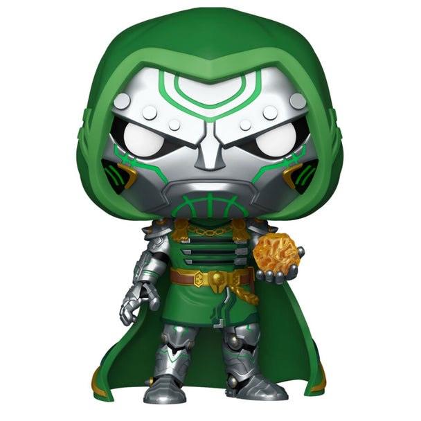 Vue rapprochée de la figurine Funko POP Doctor Doom Marvel Rivals montrant les détails précis du personnage