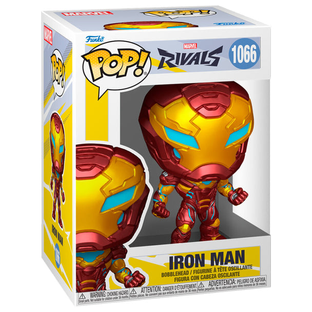 Vue rapprochée de la figurine Funko POP Iron Man Marvel Rivals montrant les détails du casque et de l'armure