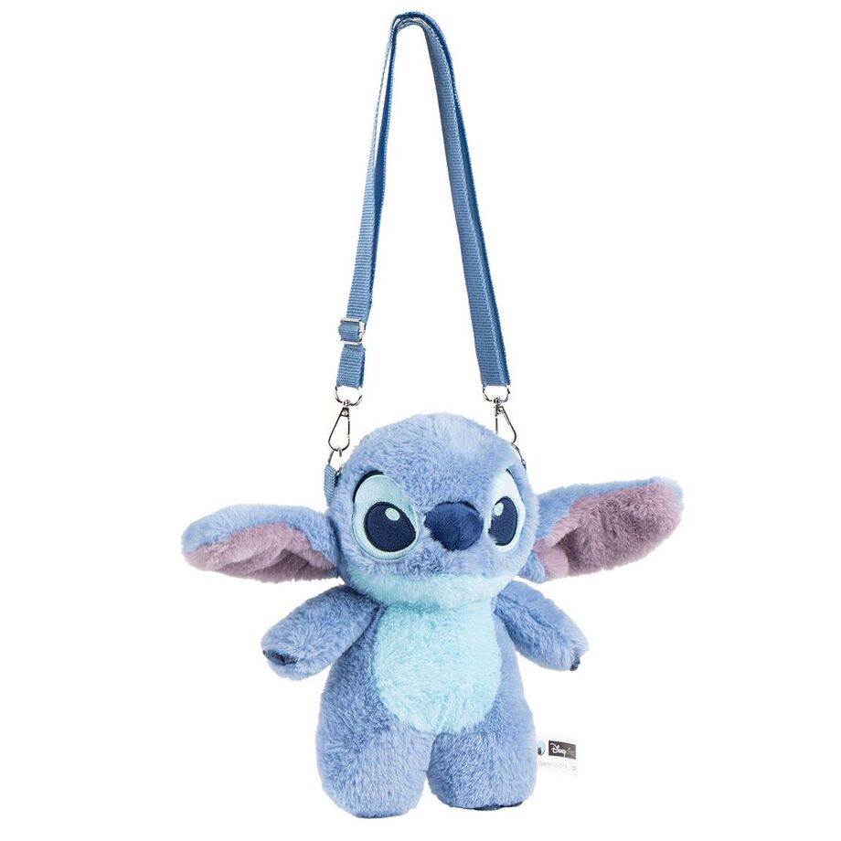 Vue de face du sac peluche Disney Stitch CERDÁ en polyester bleu avec détails brodés