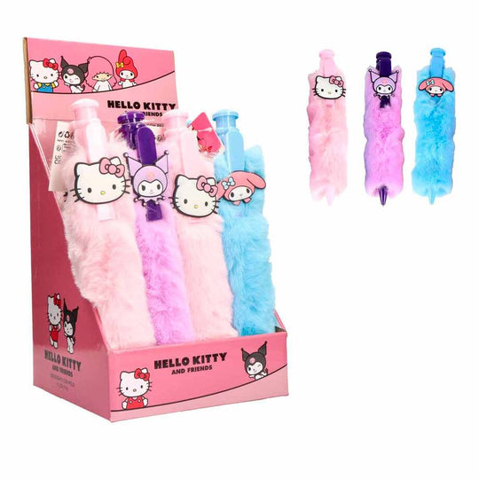 Stylo peluche Hello Kitty assorti de couleur rose vif avec visage souriant, marque CERDÁ, présenté sur fond blanc.