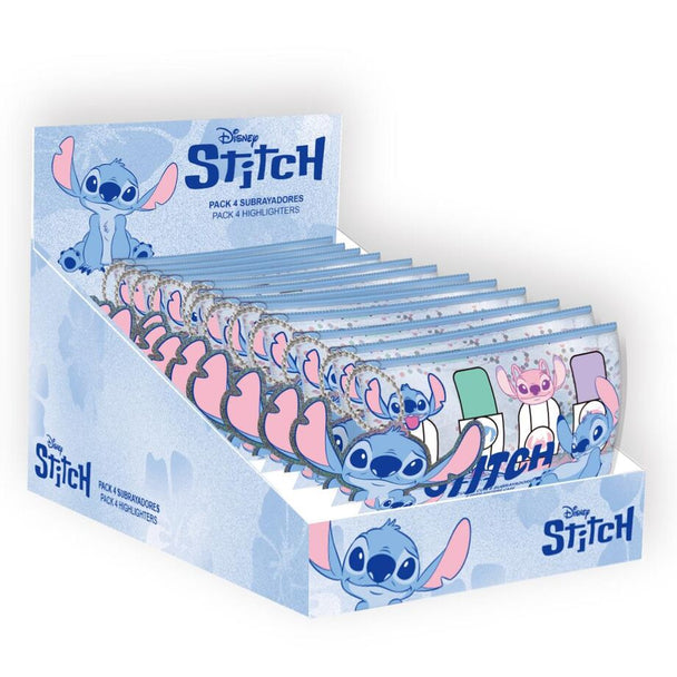 Set de 4 surligneurs Disney Stitch de différentes couleurs alignés sur une surface blanche