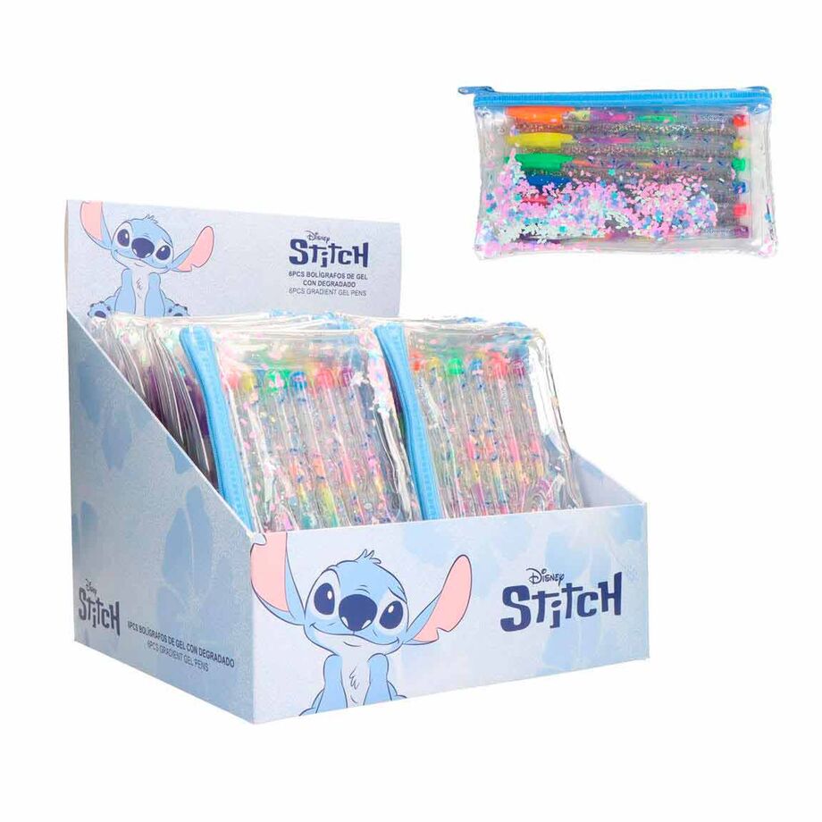 Pack de 6 stylos gel Disney Stitch CERDÁ avec couleurs variées sur fond blanc