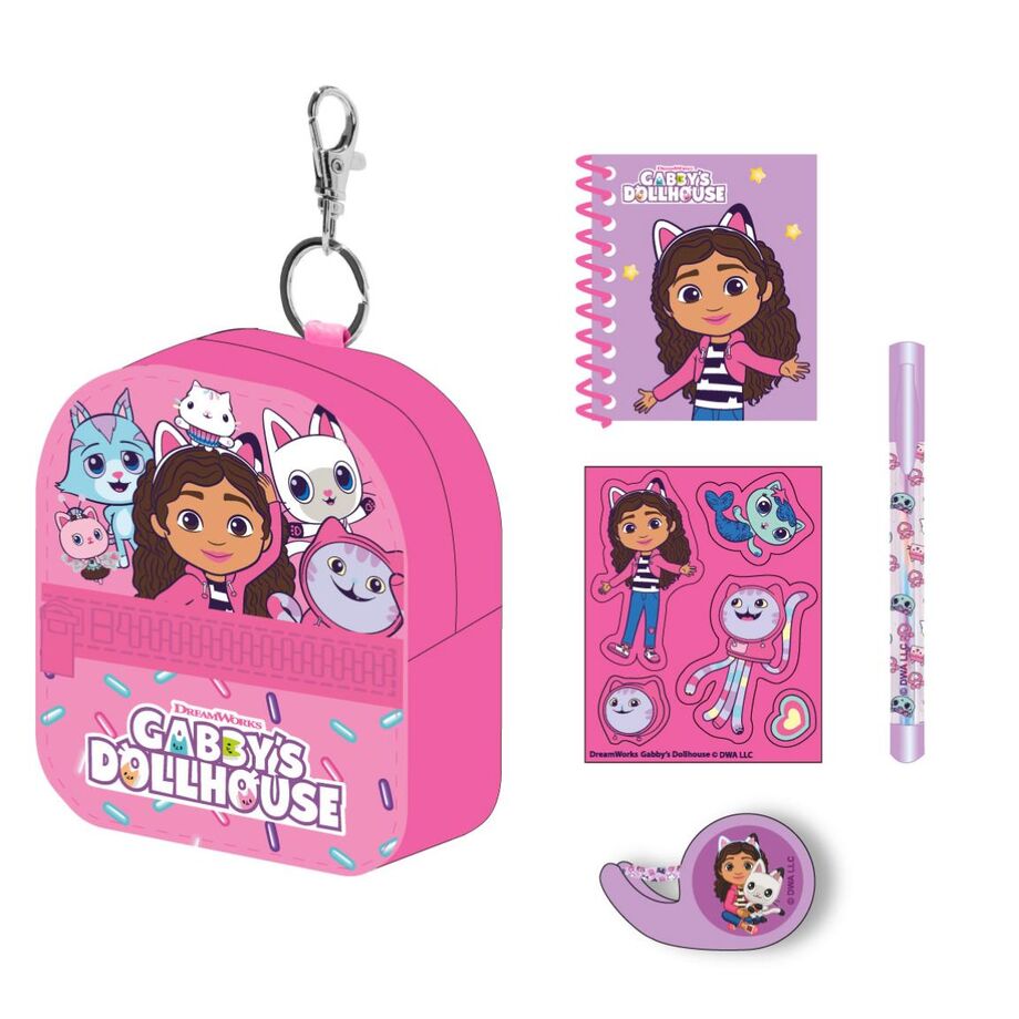 Set papeterie assorti au mini sac à dos Gabbys Doll House CERDÁ, idéal pour ranger stylos, crayons et accessoires scolaires