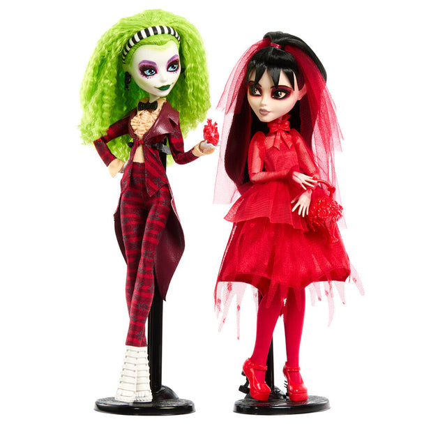 Set Monster High Beetlejuice avec 2 poupées Bitelchus et Lydia posées côte à côte sur fond blanc