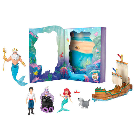 Coffret Disney La Petite Sirène avec poupées Ariel, Prince Eric, Roi Triton, Ursula, Max et Sebastian dans un emballage conte perforé.
