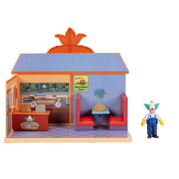 Vue d'ensemble du playset Burger Krusty des Simpsons avec accessoires colorés