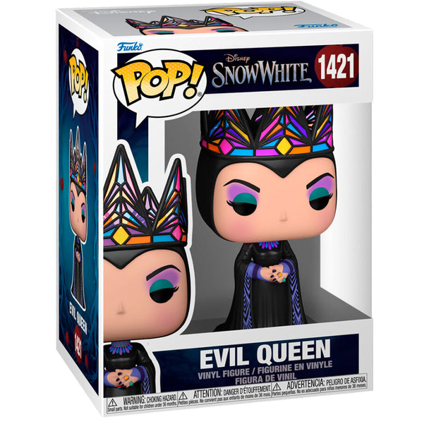 Vue rapprochée de la figurine Funko POP Blanche-Neige Reine Maléfique montrant les détails soignés et la boîte cadeau