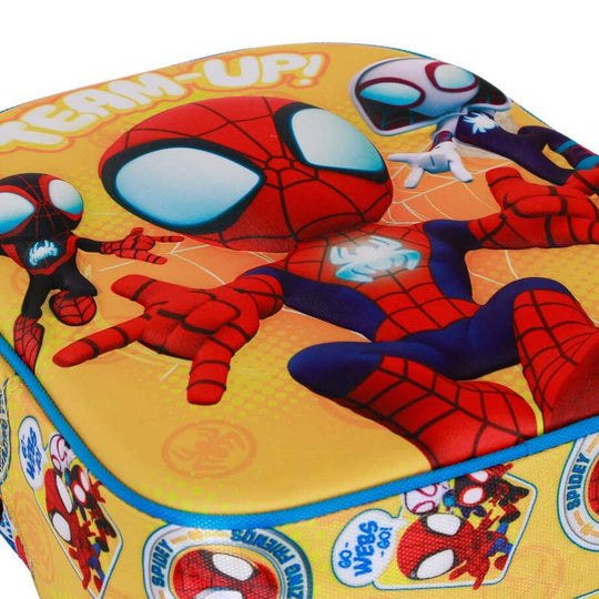 Vue latérale du sac à dos Spiderman montrant la fermeture éclair robuste et la forme ergonomique