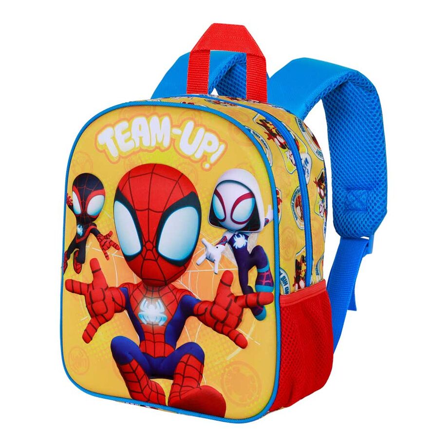 Sac à dos Spiderman posé sur une table, illustrant sa taille compacte de 31 cm
