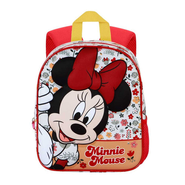 Vue de face du sac à dos Disney Minnie 3D fleuri avec design embossé coloré