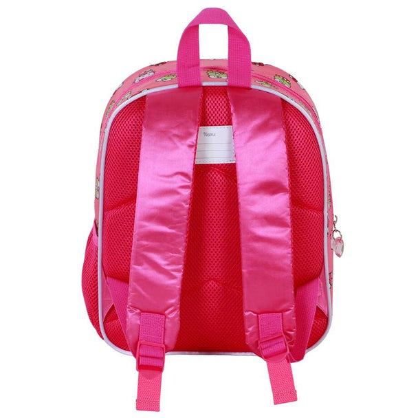 Vue latérale du sac à dos Hello Kitty montrant la poche en mesh pour bouteille ou accessoires.