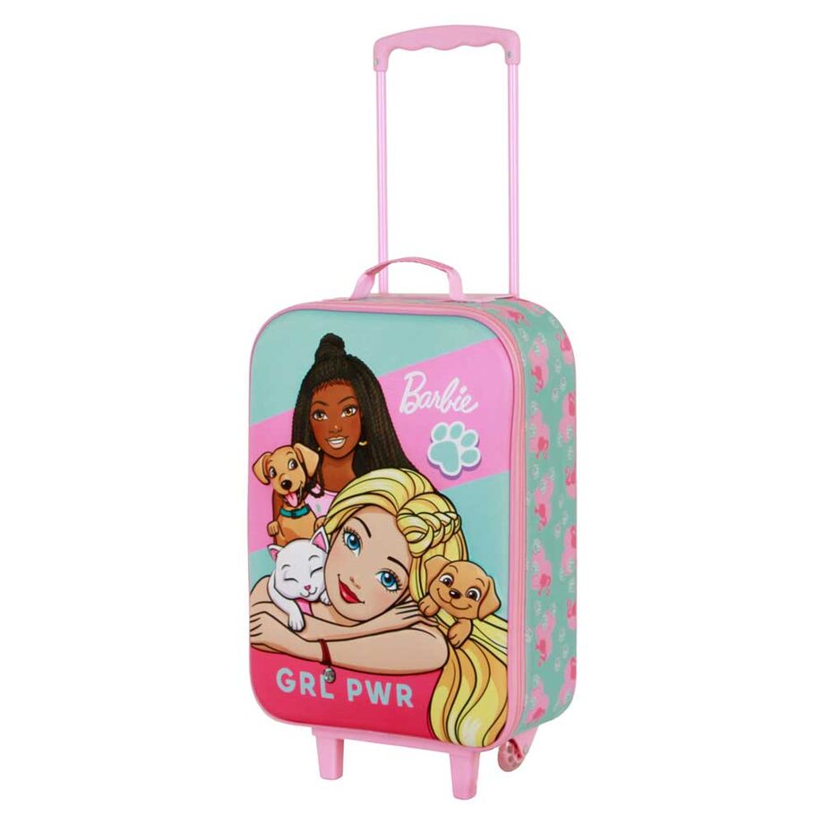 Vue latérale montrant les deux roues robustes de la valise Barbie Pets 3D