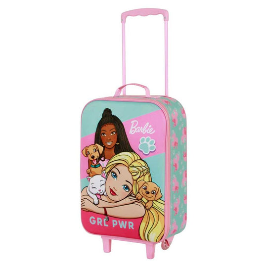 Vue latérale montrant les deux roues robustes de la valise Barbie Pets 3D