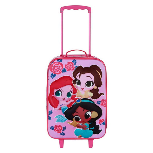 Valise trolley Disney Princess 3D vue de face avec motif en relief et couleurs vives.