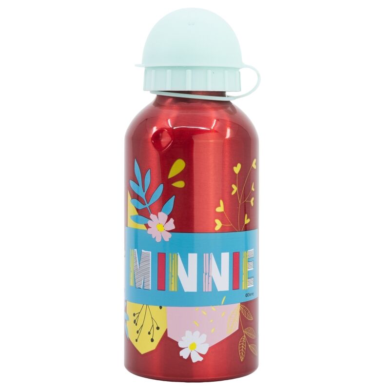 Détail de la bouteille en aluminium Disney Minnie montrant la capacité de 400ml et le design attrayant