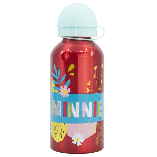 Détail de la bouteille en aluminium Disney Minnie montrant la capacité de 400ml et le design attrayant