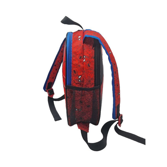 Détail du sac à dos Spiderman montrant la fermeture éclair robuste et les coutures renforcées.