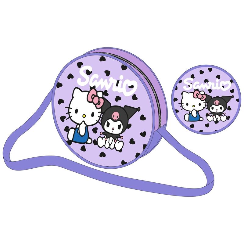 Sac bandoulière Hello Kitty et Kuromi SANRIO, gros plan sur le design détaillé des personnages et la bandoulière ajustable.