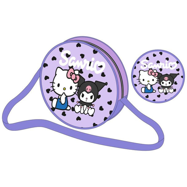 Sac bandoulière Hello Kitty et Kuromi SANRIO, gros plan sur le design détaillé des personnages et la bandoulière ajustable.