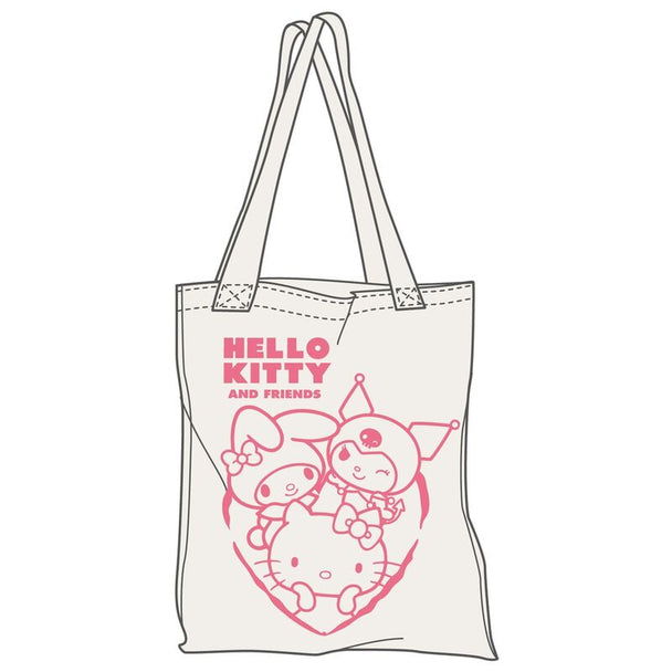 Sac shopping Hello Kitty et ses amis, motif coloré sur fond blanc, idéal pour les fans de SANRIO et les amoureux du style kawaii.