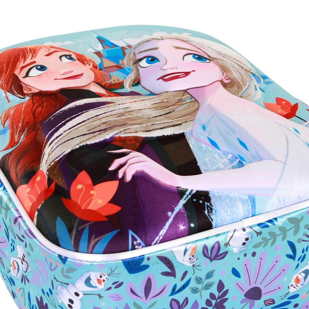 Vue de côté du sac à dos La Reine des Neiges 2 montrant la poche latérale en mesh pour bouteille ou accessoires