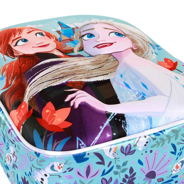 Vue de côté du sac à dos La Reine des Neiges 2 montrant la poche latérale en mesh pour bouteille ou accessoires