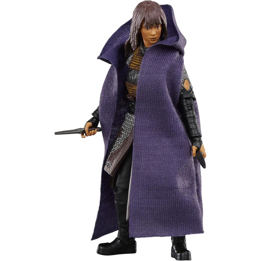 Figurine Star Wars The Acolyte Mae Assassin posée sur un socle pour exposition
