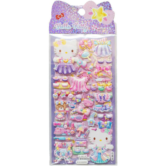 Zoom sur un sticker Hello Kitty embossé montrant les détails en relief et couleurs vives