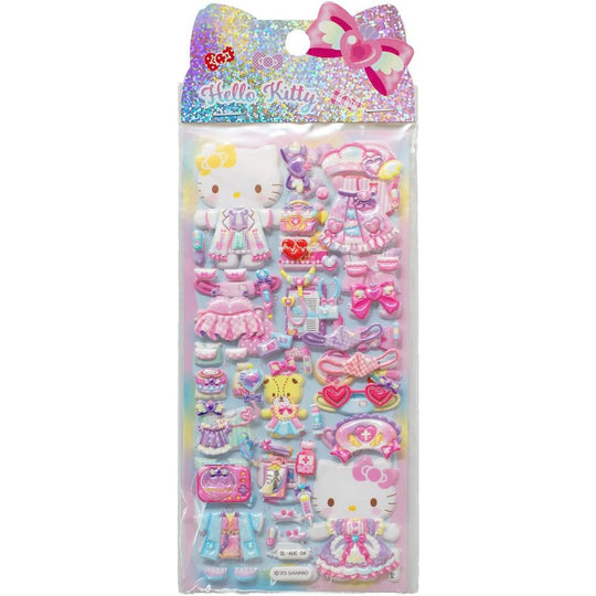 Vue d’ensemble des différents modèles de stickers Hello Kitty embossés sur fond blanc