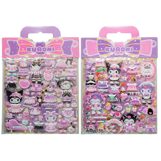 Présentation de l'ensemble des stickers Hello Kitty et Kuromi embossés, dimensions 10x21cm