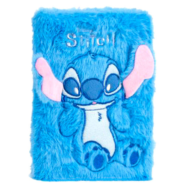 Cahier peluche Disney Stitch de la marque CERDÁ, dimensions 15x21 cm, couverture douce bleue avec visage de Stitch.