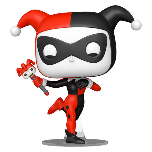 Vue rapprochée de la figurine Funko POP Harley Quinn avec détails colorés et packaging collector de Batman The Animated Series.