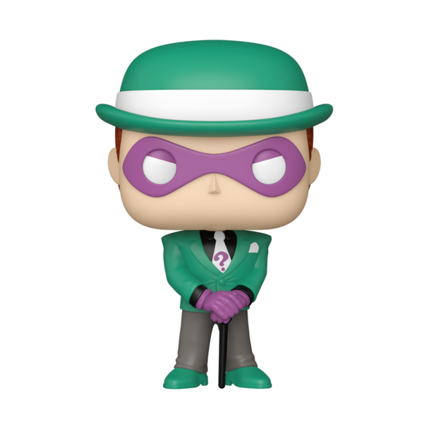 Vue rapprochée de la figurine Funko POP The Riddler montrant les détails précis et les couleurs vives