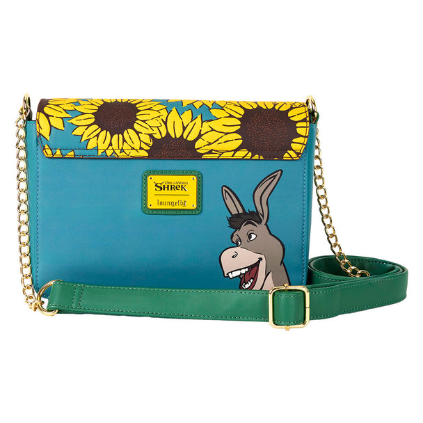 Zoom sur le cuir vegan de couleur verte avec motifs Shrek en relief sur le sac Loungefly