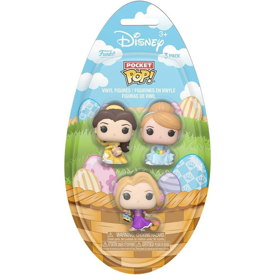 Gros plan sur les 3 figurines miniatures Disney Princess du coffret Funko Pocket POP, détails et couleurs vives visibles