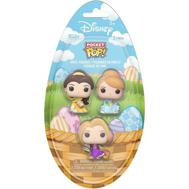 Gros plan sur les 3 figurines miniatures Disney Princess du coffret Funko Pocket POP, détails et couleurs vives visibles